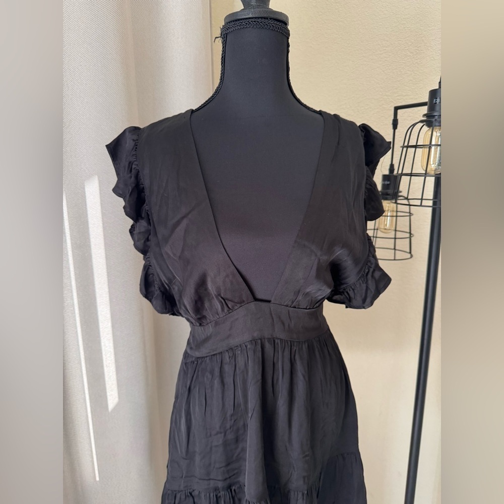 Stillwater Jesse Black Ruffle Mini Dress Small Plunge Boho - Picture 5 of 10
